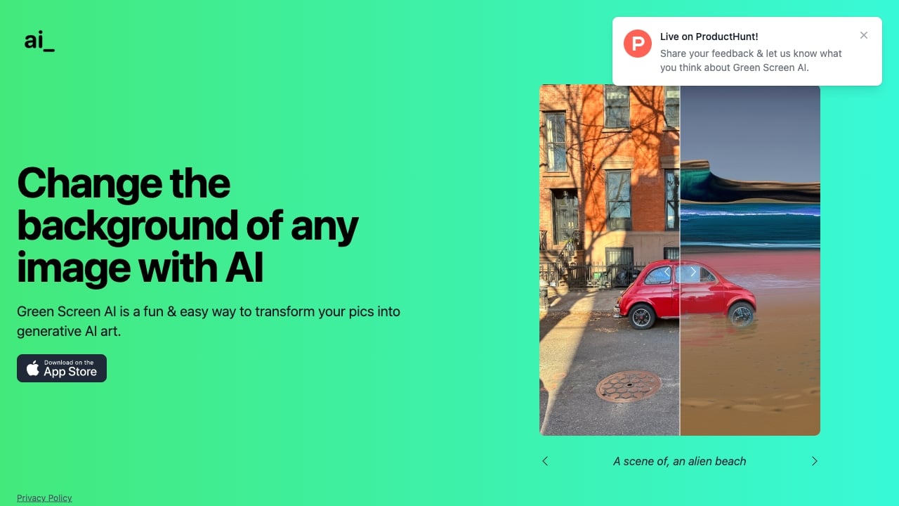 Green Screen AI - Green Screen AI changes image backgrounds using generative AI. homepage screenshot