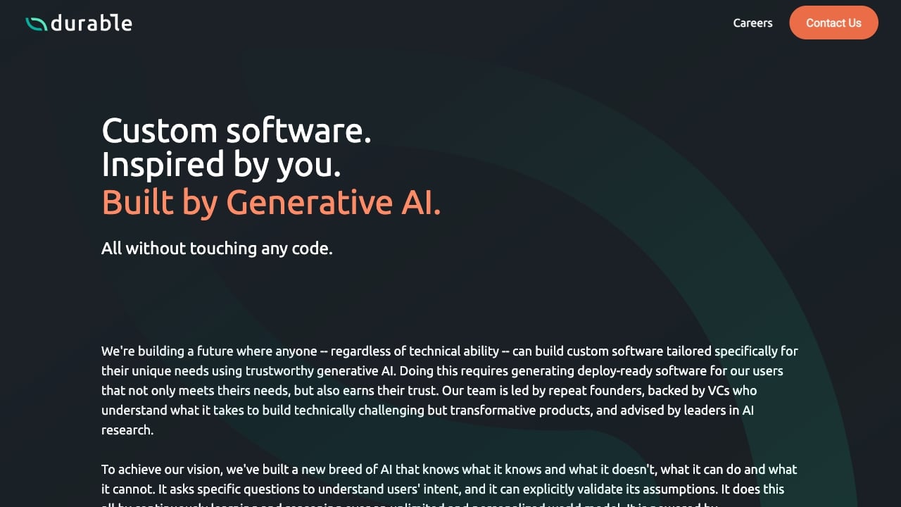 Durable AI - AI platform for generating custom software without coding. homepage screenshot