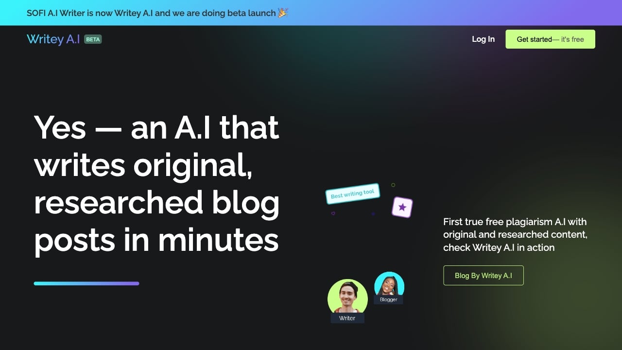 Writey AI - AI tool for fast content creation with plagiarism checks and original content. homepage screenshot