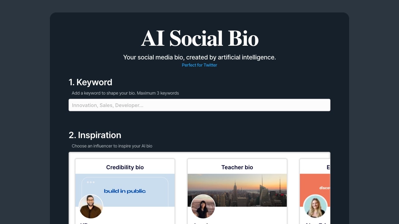 AI Social Bio - AI-powered tool to generate social media bios. homepage screenshot