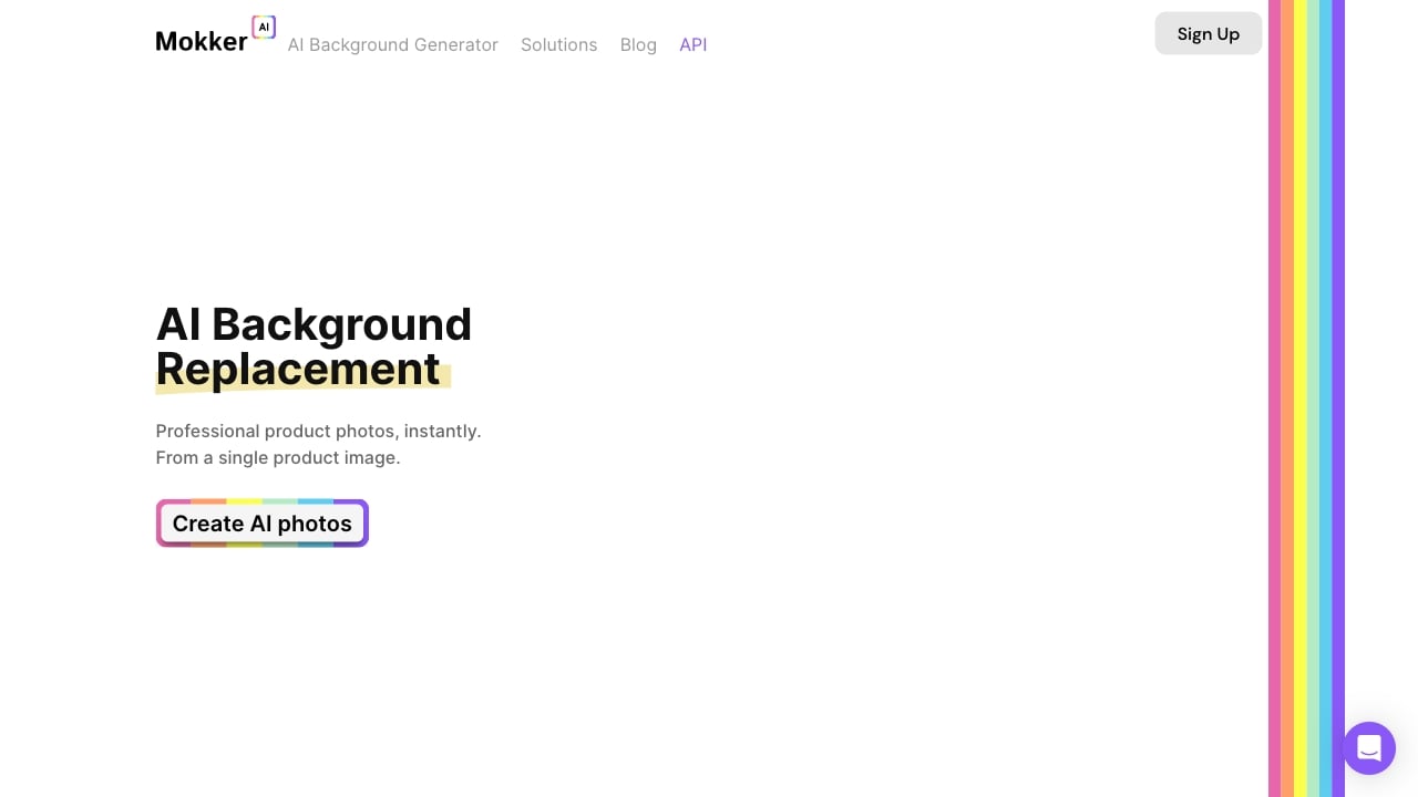 Mokker - AI tool for instant professional product photos with background replacement. homepage screenshot