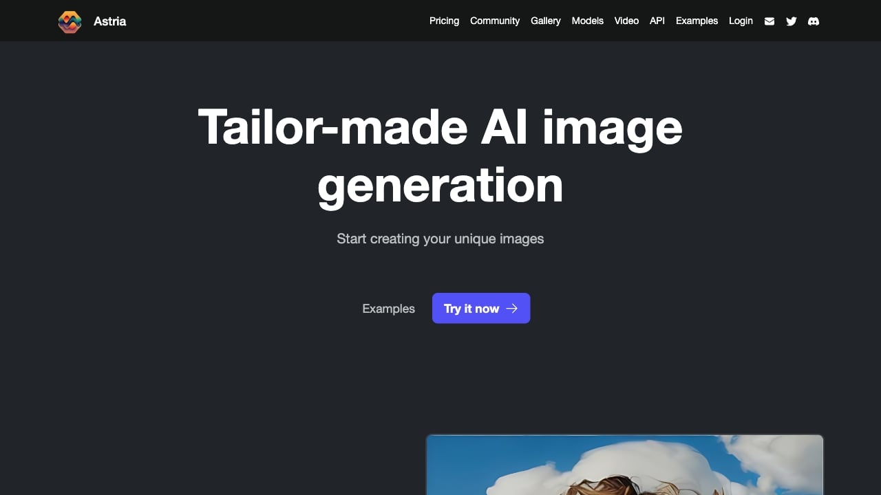 Astria - Tailor-made AI image generation platform with fine-tuning and generative filters. homepage screenshot
