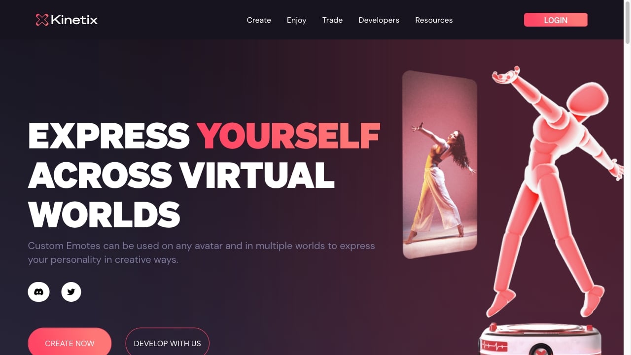 Kinetix - No-code AI platform for free 3D character animation and metaverse integration. homepage screenshot